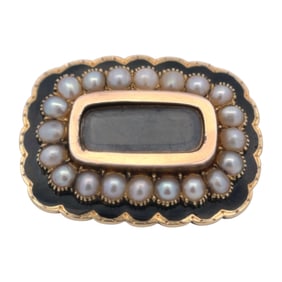 Circa 1840s 14K Gold Victorian Mourning Hair Brooch with Seed Pearls