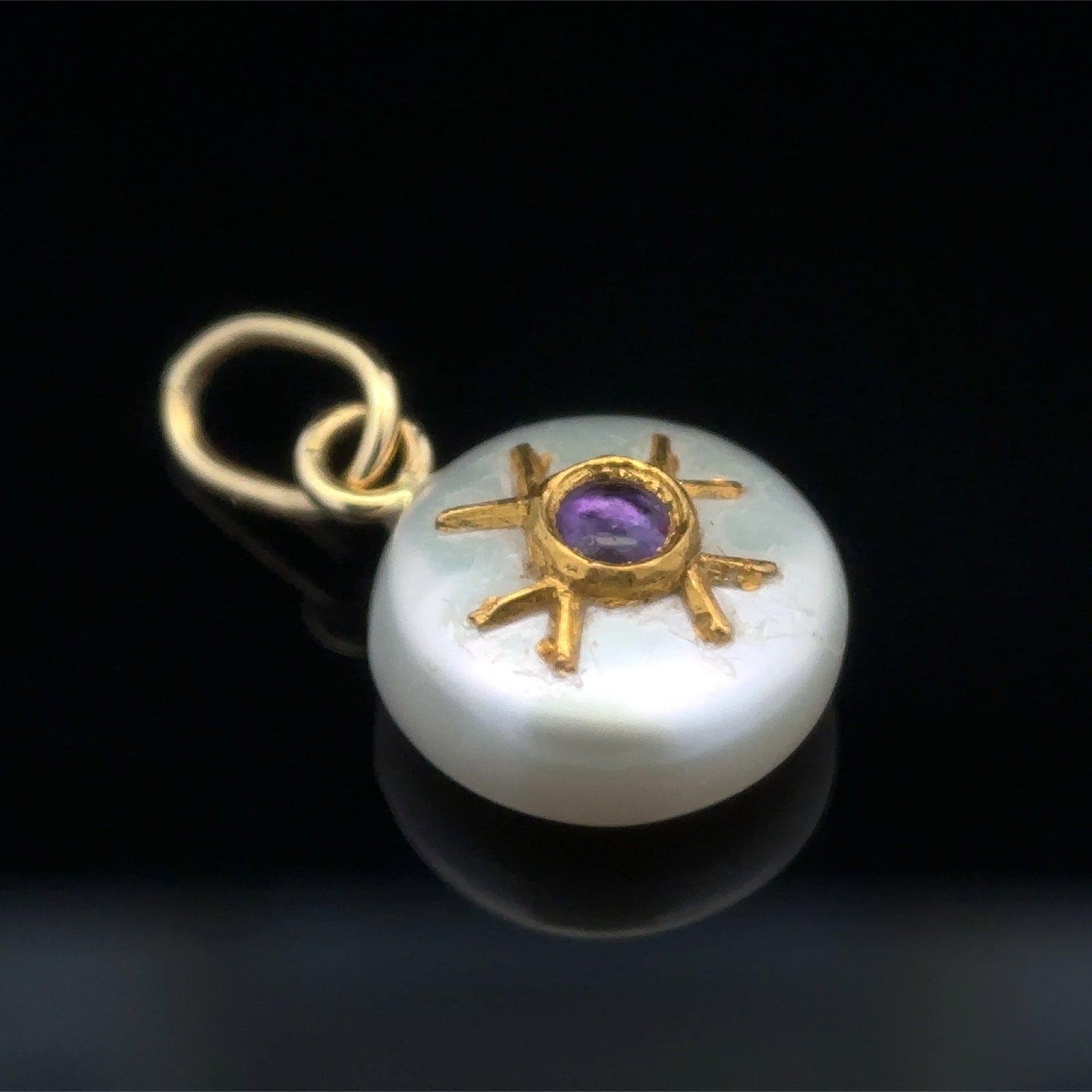 Pearl and Amethyst Pendant in 18K Yellow Gold: Metal type: 18k yellow gold, Gemstones: Pearl - 13 mm and Amethyst, Measurement: Approximately 25 mm Length including bail, Weight: 2.0 grams