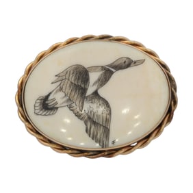 14K Gold Vintage Scrimshaw Duck Brooch by Designer Ronci