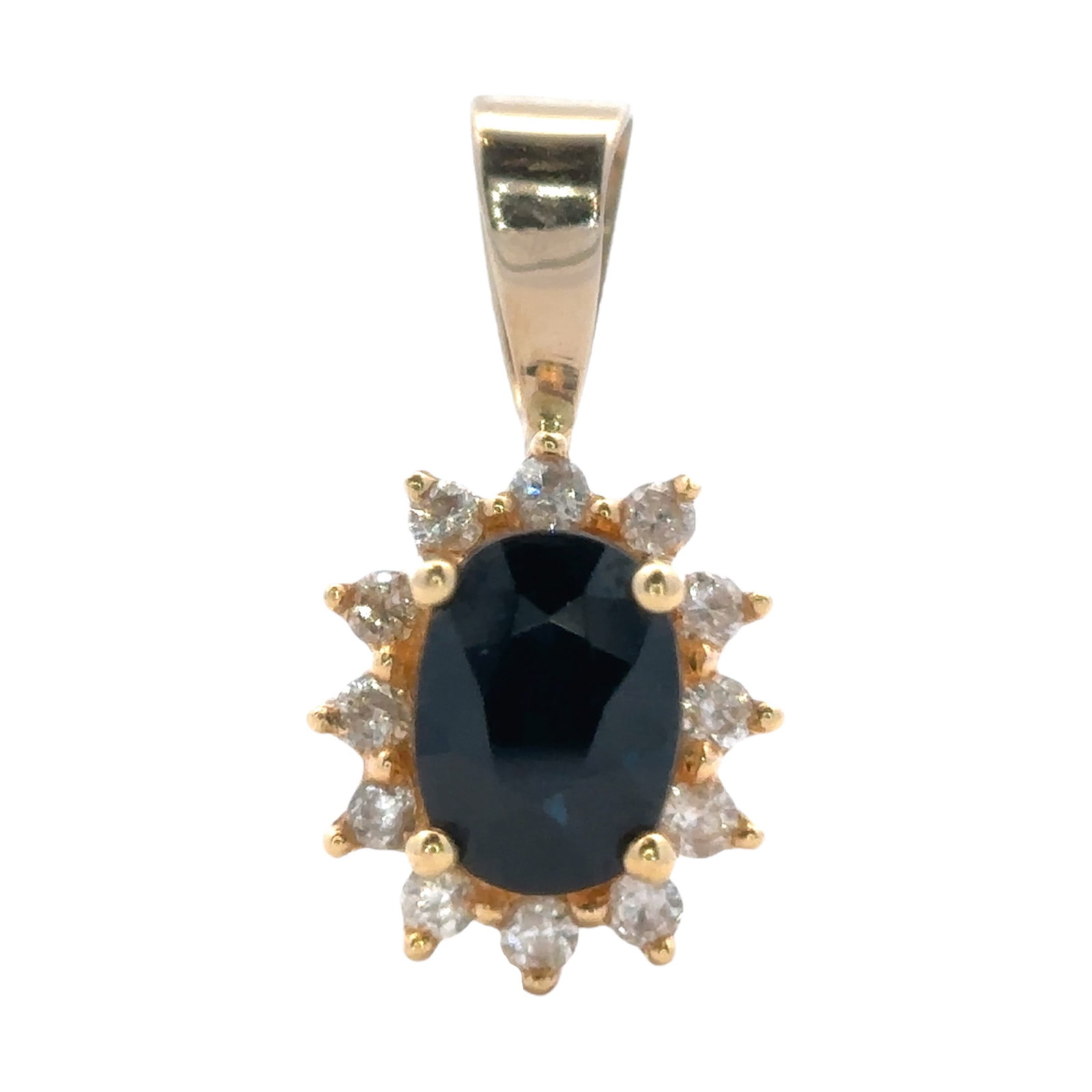 1960s Sapphire and Diamond 14K Yellow Gold Pendant: Circa: 1960s, Metal type: 14k yellow gold, Gemstones: .75 carats oval deep blue sapphire - 5 x 6.9 mm and 12 diamond halo, Measurement: Approximately 0.75" Length, Weight: 1.6 grams