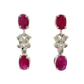 Oval Ruby and Diamond Dangle earrings in 14K White Gold