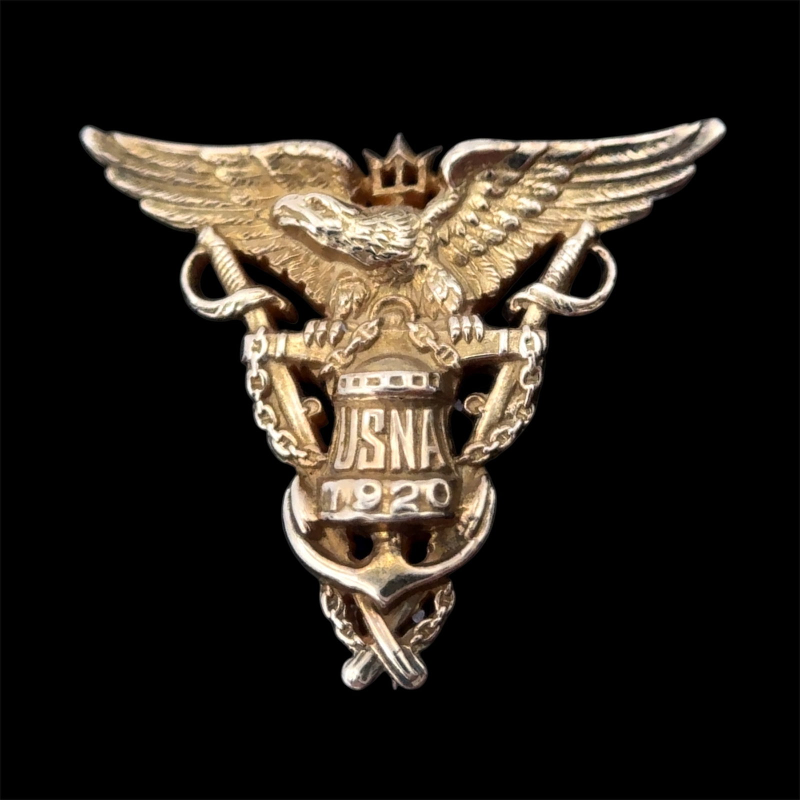1920 Bailey Banks and Biddle 14 Karat Yellow Gold US Navy Pin: Circa: 1920s, Metal type: 14k yellow gold, hallmark BB&B 14K, Design: US Navy pin, the hallmark USNA 1920 is written on the front underneath the eagle, the backside has the original soldier's initials