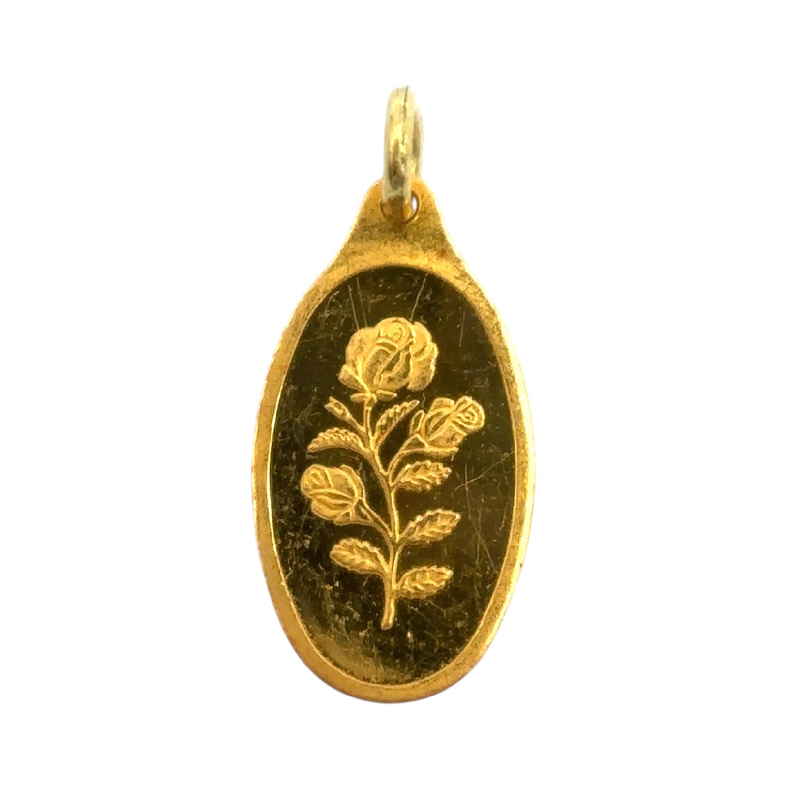 Swiss Fine Gold 24K Rose Oval Pendant: Swiss fine gold 24K rose oval pendant, Measurement: 22 mm H including bail, Weight: 1.0 gram