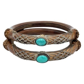 Vintage Silver & Carved Wood Turquoise Cuffs/Bangles