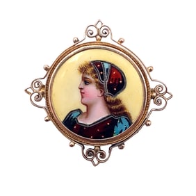 Circa 1930s Hand Painted Porcelain Portrait Brooch in 10 Karat Gold