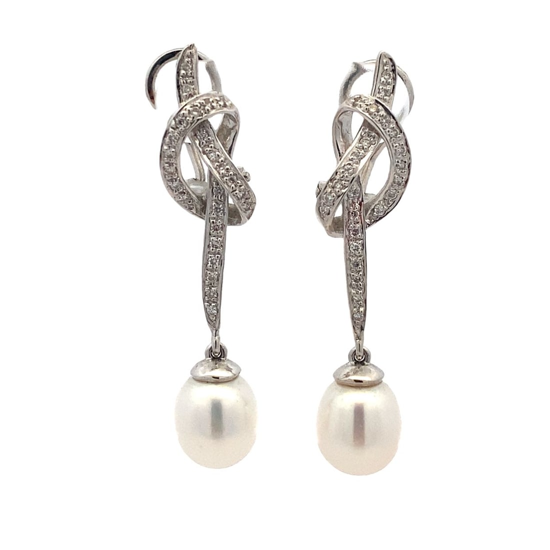 Diamond and Pearl Knot Dangle Earrings in 18K White Gold (1 of 5)