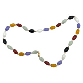 1950s Multicolored Jade Beaded Necklace with Pearls in 14 Karat Gold