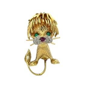 Circa 1970s Lion Brooch with Diamonds, Ruby and Emeralds in 18K Yellow Gold