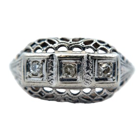 Circa 1920s Diamond Ring with Filigree Design in 18K White Gold