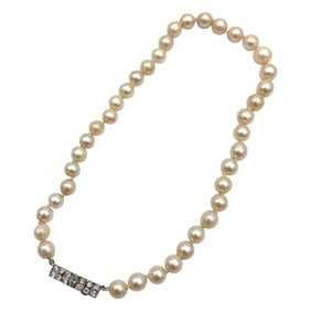 Estate Pearl Strand Necklace with Diamond Clasp in 18K White