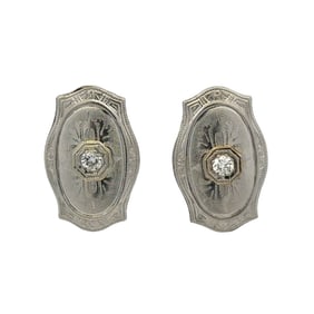 Art Deco Diamond Cufflink Conversion Earrings, 14K White Gold