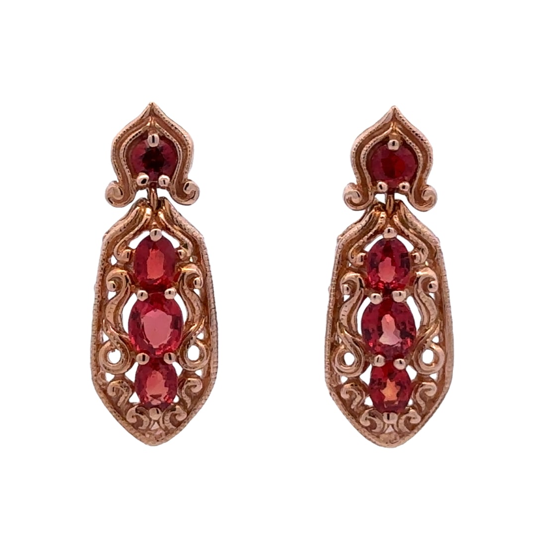 Garnet Scroll Dangle Earrings, 14K Rose Gold: Metal type: 14k rose gold, Gemstones: Oval garnets, Design: Ornate dangle earrings, Measurement: 2.5cm Length, Weight: 6 grams