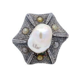 Baroque Pearl and Diamond Ring in Sterling Silver