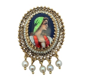 Estate Pearl and Hand Painted French Portrait Cameo Brooch/Pendant in 14K Gold