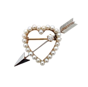 Vintage Pearl and Diamond Heart with Arrow Brooch/Pendant in 14K Gold