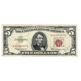 1963 $5 Five Dollars Red Seal Bill Ungraded, Circulated