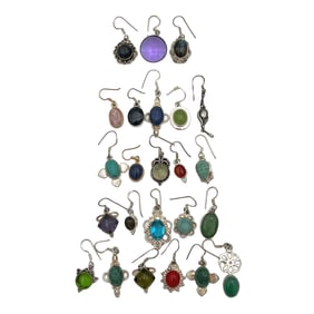 Lot of 24 Assorted Single Earrings with Various Gemstones in Sterling Silver