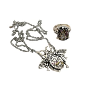 Vintage Watch Parts Necklace and Ring Set in Sterling Silver