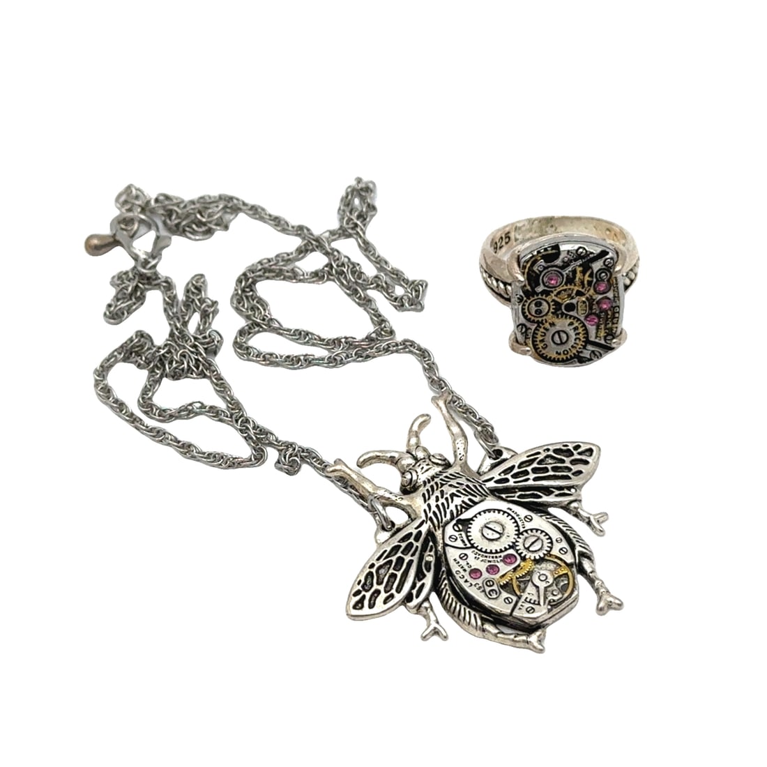 Vintage Watch Parts Necklace and Ring Set in Sterling Silver (1 of 9)