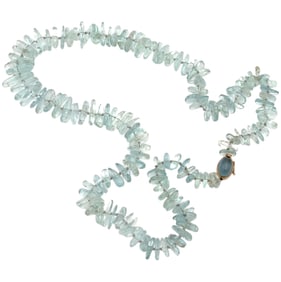 Aquamarine Beads, with Aquamarine Cabochon Necklace in 14K Gold Clasp