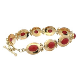 Oval Coral Link Bracleet, 18K Gold