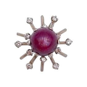 14K White Gold Starburst Pendant with Cabochon Ruby and Diamond