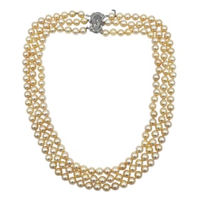 3-Strand Graduated Champagne Pearl Necklace, Clasp with Diamond in 14K Gold