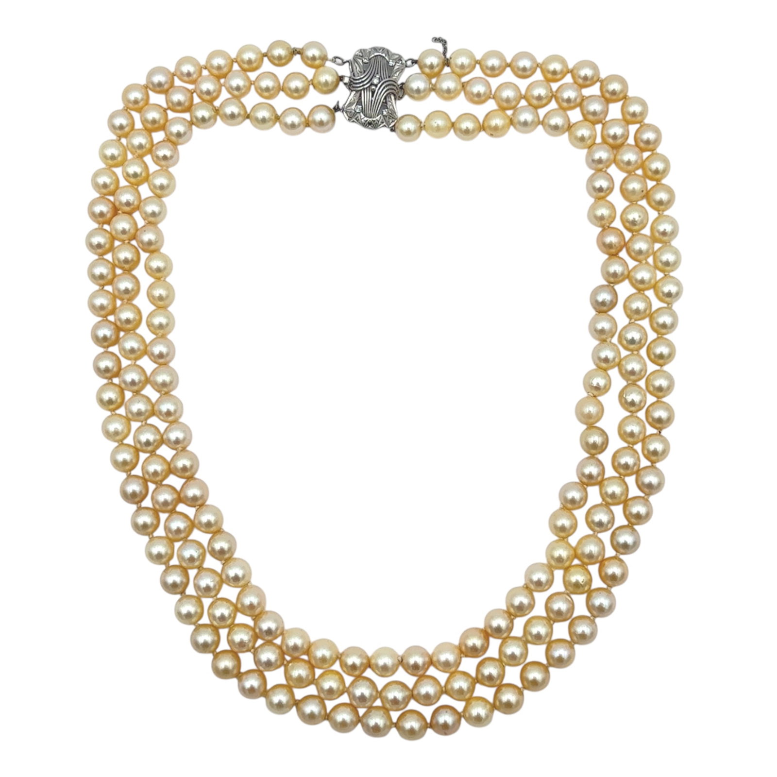 3-Strand Graduated Champagne Pearl Necklace, Clasp with Diamond in 14K Gold: Metal type: 14k white gold, Gemstone: Graduated champagne pearl - 8.5 mm diameter and diamond (one stone missing), Design: 3-strand necklace, Measurement: Longest strand 22" Length, Shortest strand 20