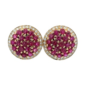 Ruby and Diamond Cluster Earrings in 14K Yellow Gold