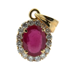 Oval Ruby and Accent Diamond Pendant in 18K Yellow Gold