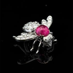 Faceted Ruby and Diamond Insect Pin in 14K White Gold