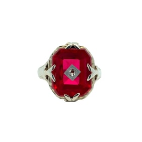 Vintage Synthetic Ruby and Diamond Ring in 18K White gold