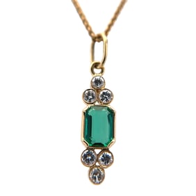 18K Yellow Gold Emerald and Diamond Pendant with Chain in 14K Yellow Gold