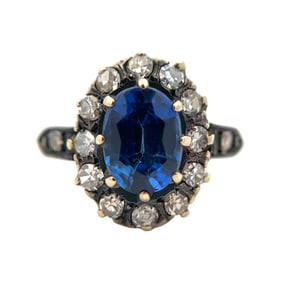 Estate Synthetic Sapphire and Diamond Ring in 14K Yellow Gold