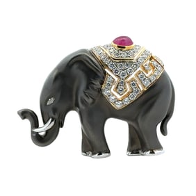 2000s Ruby and Diamond Elephant Brooch in 18 Karat White Gold