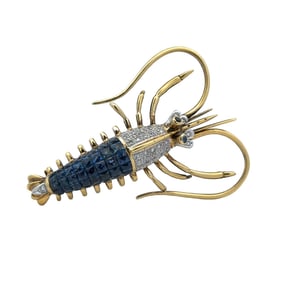 Estate Sapphire and Diamond Lobster Brooch, 18K Gold