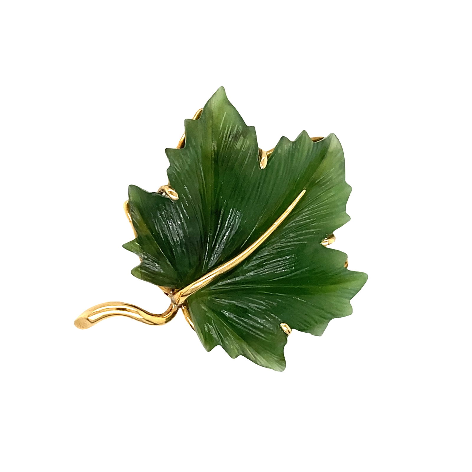 Circa 1970s Jade Leaf Brooch in 18-22K Yellow Gold: Circa: 1970, Metal type: 18-22K Yellow Gold, Gemstone: Jade, Dimensions: 2" Length, Weight: 8.9 g