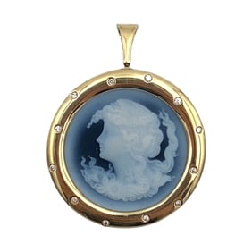 Carved Cameo Pendant with Diamonds in 14K Yellow Gold