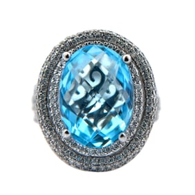Fine Designer Blue Topaz and Diamond Ring in 14K White Gold