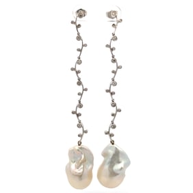 Estate Baroque Pearl and Diamond Dangle Drops Earrings in 14K White Gold