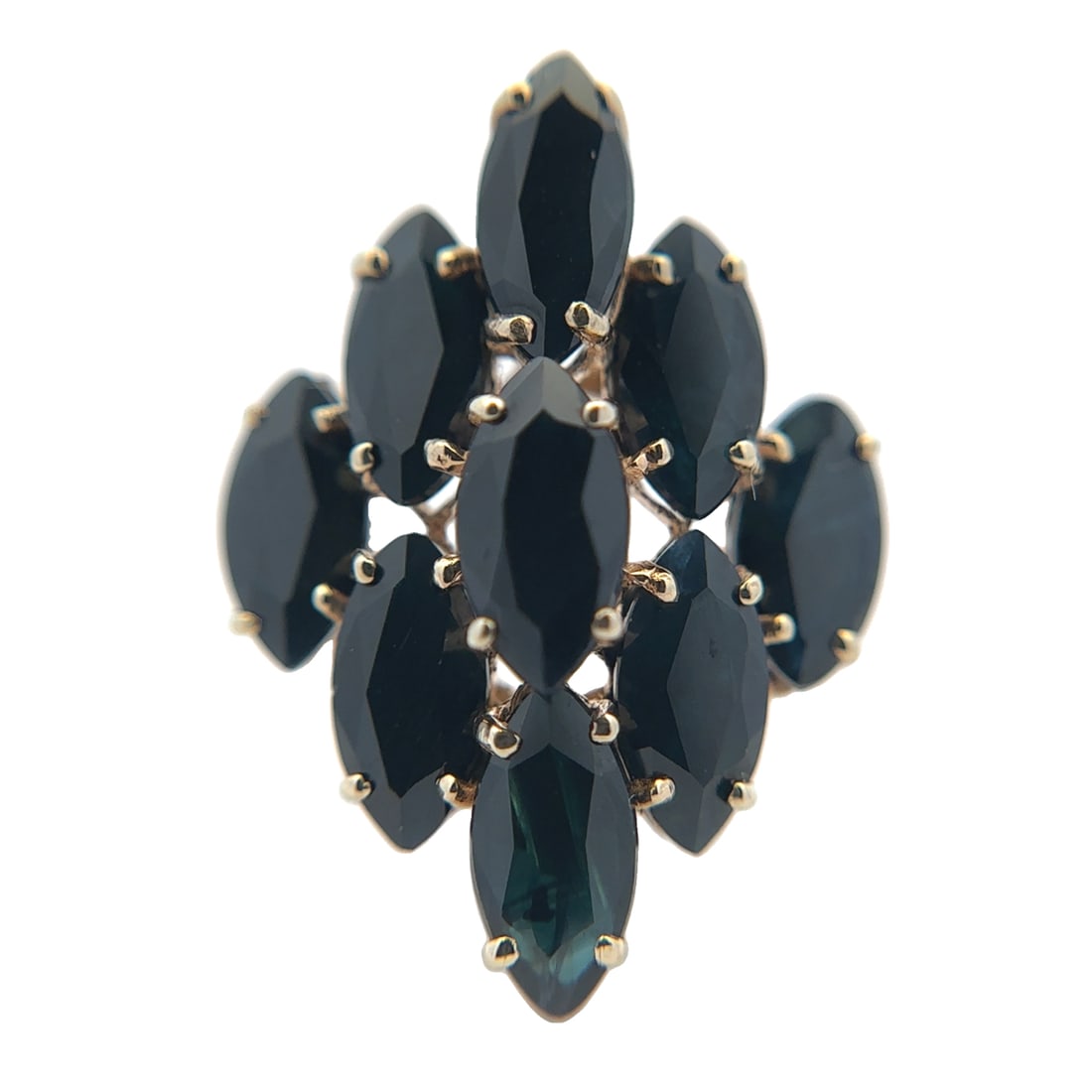 Marquise Sapphire Cocktail Ring, 10K Gold: 10 karat yellow gold cocktail ring with marquise cut dark blue sapphires at approximately 9.0ctw. Size US 12, 6.18g