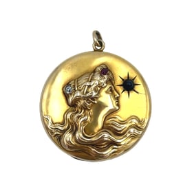 Antique Victorian Sapphire, Diamond, Ruby Locket Pendant, 14K Gold