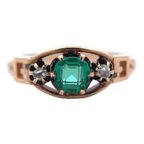 Estate Synthetic Emerald and Diamond Ring in 14 Yellow Gold