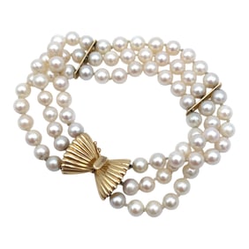 Estate Pearl Triple Strand Bracelet in 14K Yellow Gold