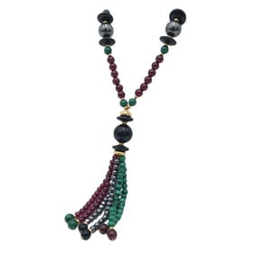Circa 1990s Garnet, Onyx, Hematite & Malachite Tassel Necklace in 14K Gold