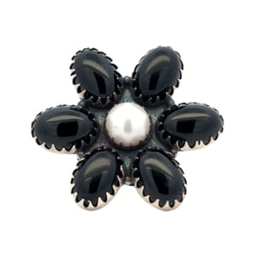 Flower Ring with Onyx and Pearl in Sterling Silver