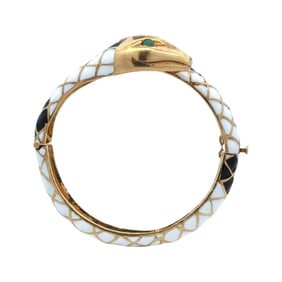 Black/White Enamel Snake Hinged Bracelet with Diamond and Green Stone in 18K Gold