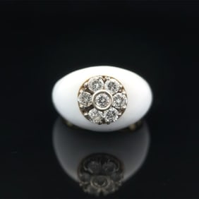 White Enamel and Diamond Ring in 18K Yellow Gold