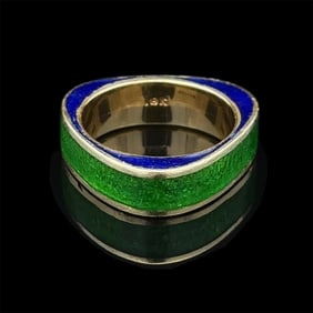 Tiffany & Co. Blue and Green Guilloche Enamel Ring in 18K Yellow Gold
