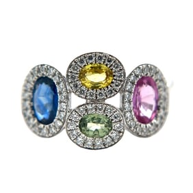 14K Yellow Gold Ring with Blue, Pink, Yellow, Green Sapphire and Diamond